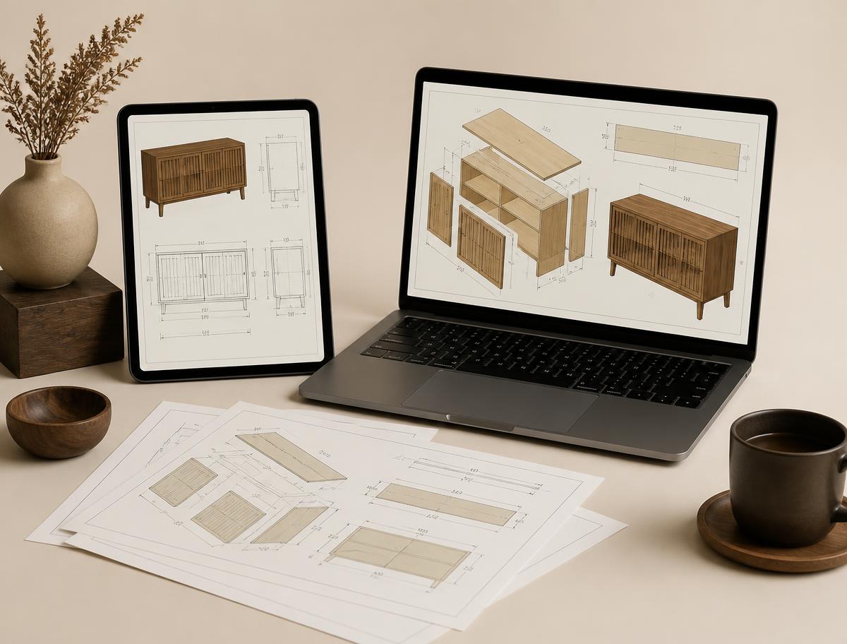 Mockup del Pack Básico: tablet y notebook con planos de carpintería en PDF