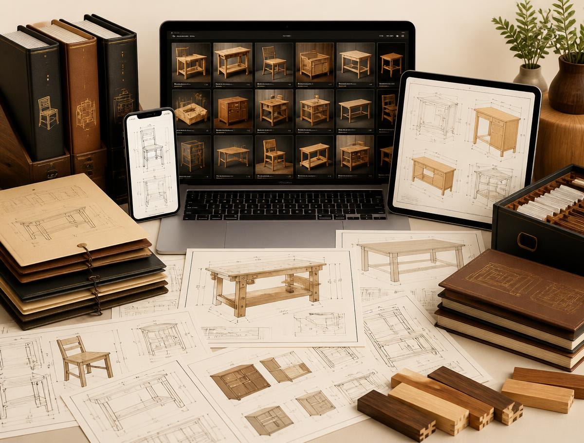 Mockup del Pack Maestro Carpintero: notebook, tablet, celular, carpetas y miles de planos en PDF